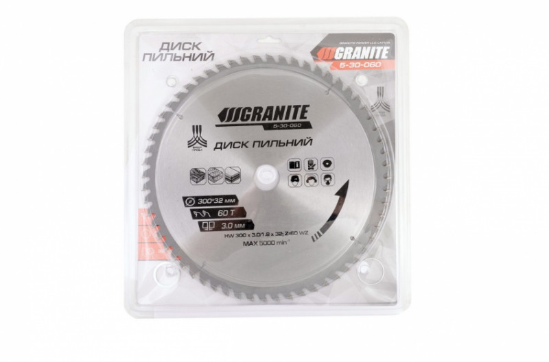 Диск пильний GRANITE для дерева з твердосплавними напайками 300х32х60Т адаптер 32-30/32-25.4 5100 об/хв 5-30-060-5-30-060