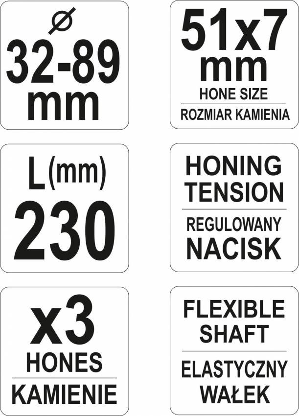 Хон для розточування циліндрів Ø= 32-89 мм YATO регульований з 3 камінням-51х7 мм, загальна l= 230 мм-YT-05811