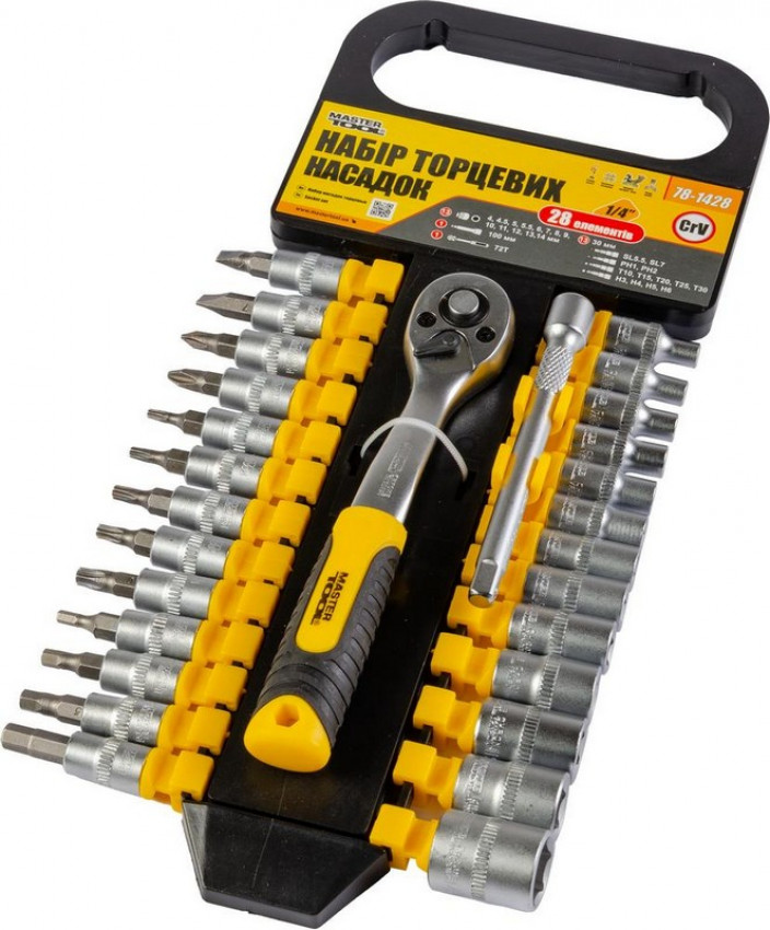 Набір насадок торцевих MASTERTOOL PROFI CrV 1/4" 4-14 мм подовжувач 100 мм тріскачка 72Т 28 шт 78-1428-78-1428