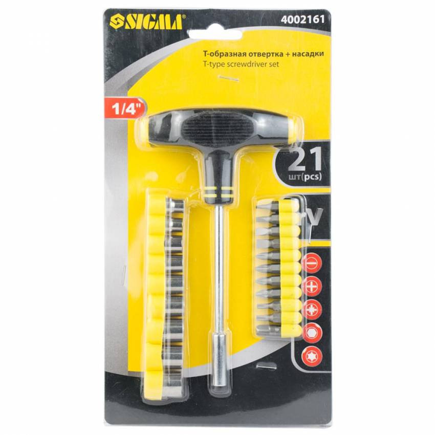 Викрутка з Т-подібною ручкою та насадками 21шт CrV Sigma (4002161)-4002161