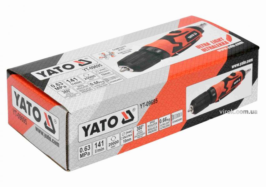 Дриль пневматичний прямий YATO : Ø= 1/4", самозатискний патрон Ø≤10 мм, 6.3 Bar, 113 л/хв-YT-09695