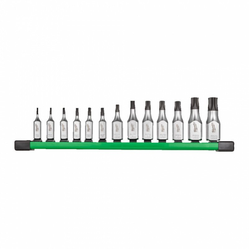 Набір головок торцевих хромованих 1/4'' та 3/8'' MILWAUKEE з бітами TORX (T8-T60) на планці (13шт)-4932500432