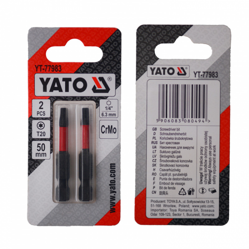 Насадка викруткова YATO TORX T20 х 50 мм. HEX 1/4", хром-молібден, 2 шт.-YT-77983