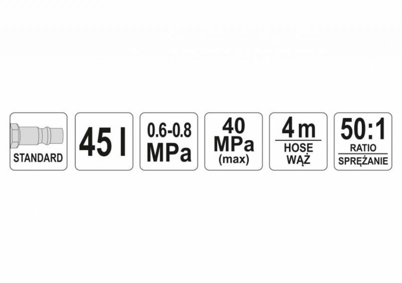 Мастильний пневматичний апарат YATO: бак-45 л, тиск-0.8 MPa, вихід. тиск-300-400 Bar, шланг-4 м-YT-07069