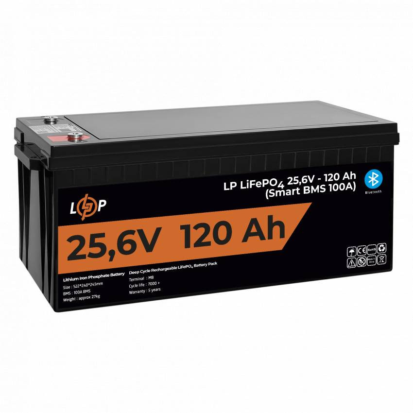 Акумулятор LP LiFePO4 25,6V - 120 Ah (3072Wh) (Smart BMS 100А) з BT пластик для ДБЖ-