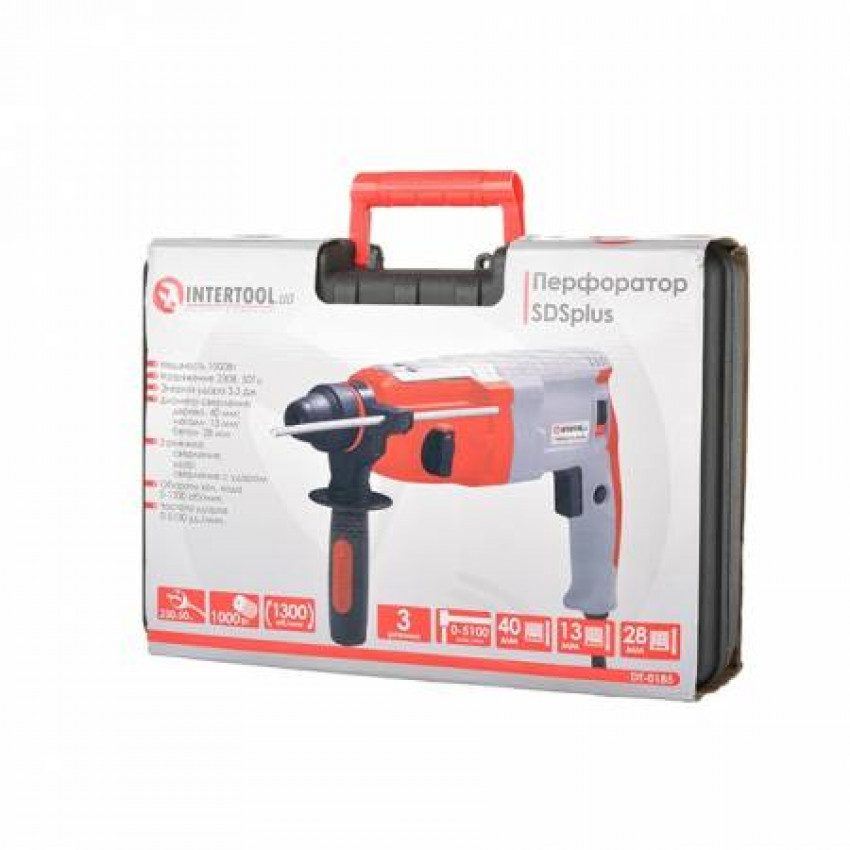 Перфоратор, 1,0 кВт, 3,5 Дж, 0-1300 об/хв, 0-5100 уд/хв, 3 режими, SDS-plus INTERTOOL DT-0185-DT-0185