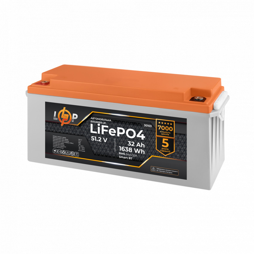 Акумулятор LP LiFePO4 51,2V - 32 Ah (1638Wh) (BMS 64A/32А) пластик LCD Smart BT-