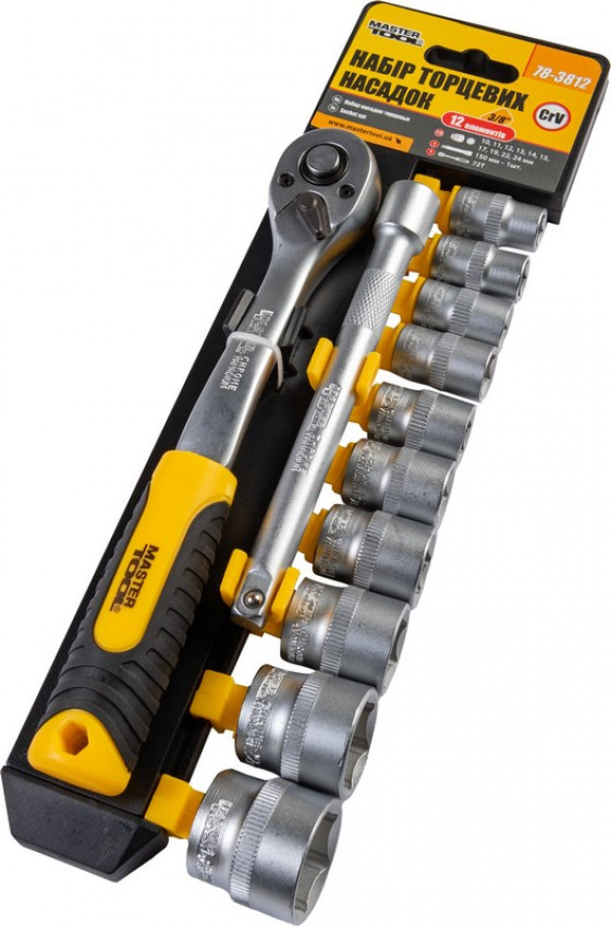 Набір насадок торцевих MASTERTOOL CrV 3/8" 10-24 мм подовжувач 150 мм тріскачка 72Т 12 шт 78-3812-78-3812