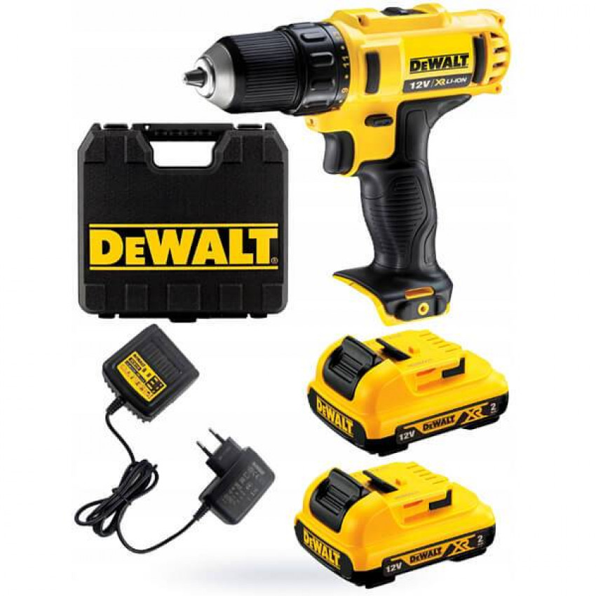 Дриль-шуруповерт акумуляторний DeWALT DCD710D2, ненаголошений, XR Li-Ion 10.8 В, 2 Ач, 24 Нм, 400-1500 об/хв, патрон 10 мм швидкозатискний, кількість швидкостей - 2, вага 1.1 кг, 2 ак-DCD710D2