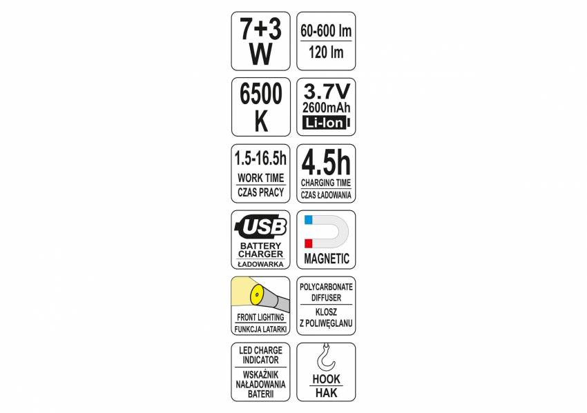 Ліхтар LED-діодний акумул. YATO Li-Ion 3.7 В, 7 3 Вт, 60-600/120 лм, гачок, магніт, зарядний пристрій-YT-08519