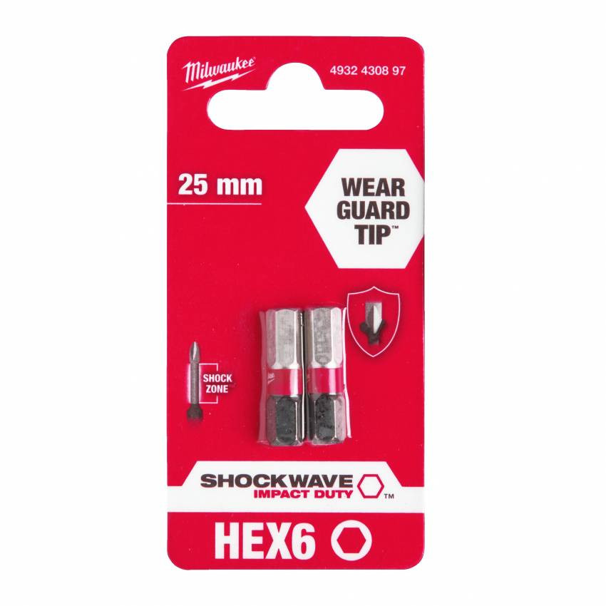 Біта SHOCKWAVE MILWAUKEE, Hex6, 25 мм, (2шт)-4932430897