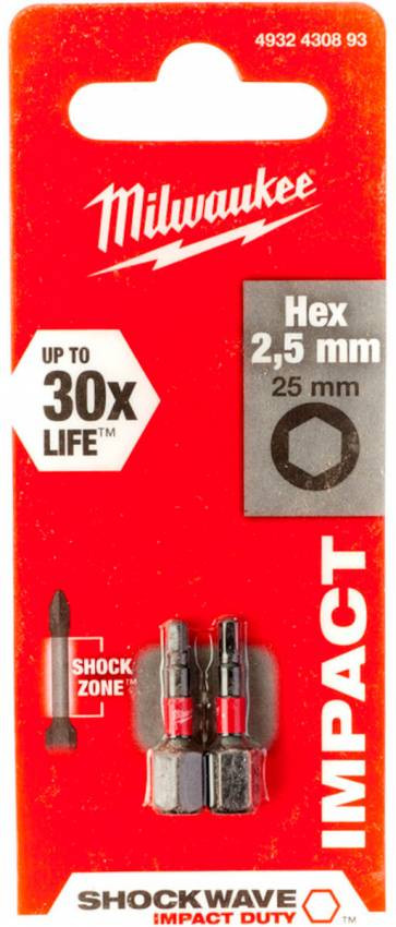 Біта SHOCKWAVE MILWAUKEE, Hex2,5, 25мм, (2шт)-4932430893
