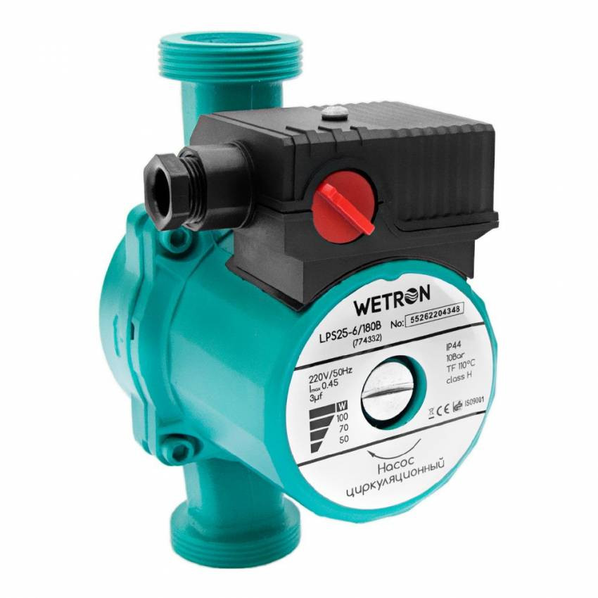 Циркуляційний насос 100 Вт Hmax 6 м Qmax 50 л / хв Ø1½ 180 мм Ø1 Wetron (774332)-774332