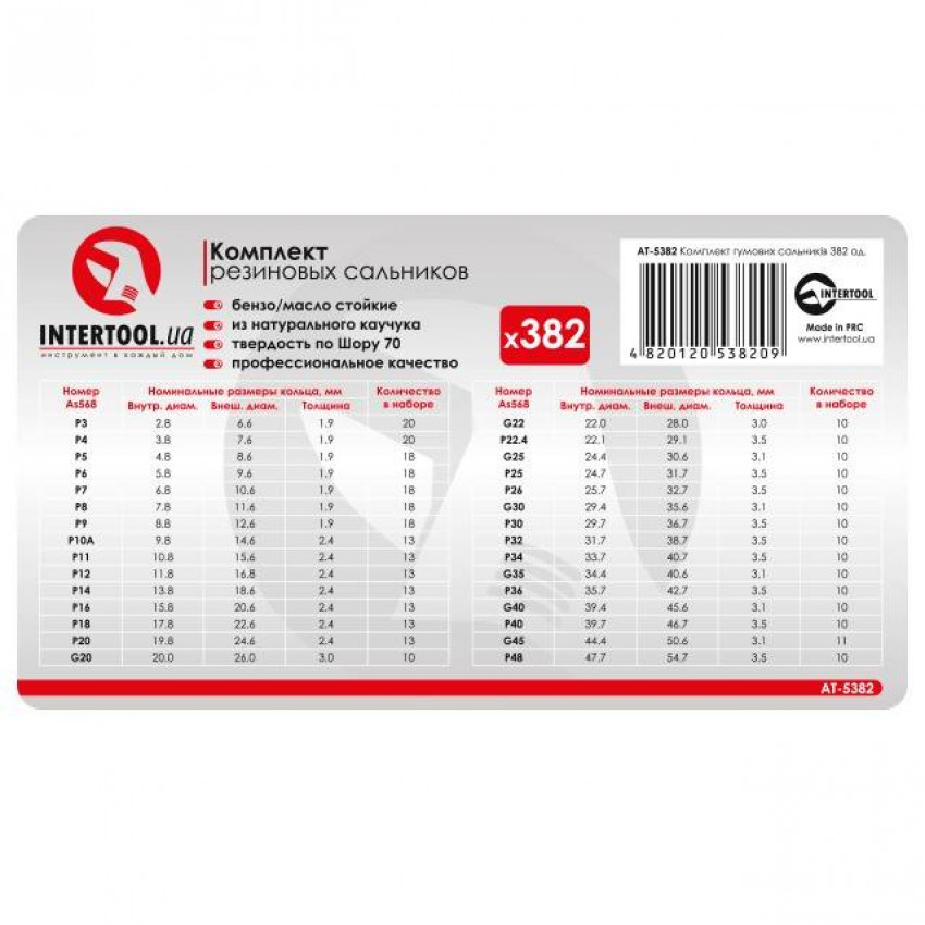 Комплект гумових сальників 382 од. INTERTOOL AT-5382-AT-5382