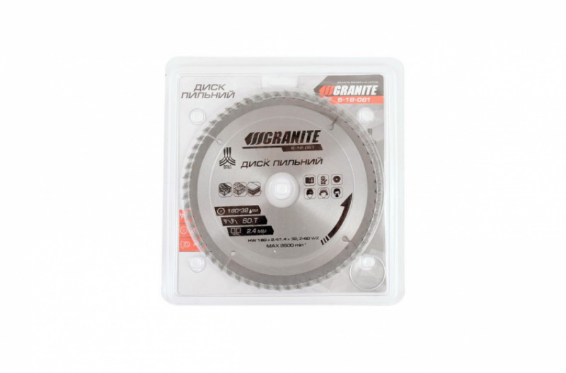 Диск пильний GRANITE для дерева з твердосплавними напайками 180х32х60Т адаптер 32-30 8500 об/хв 5-18-061-5-18-061