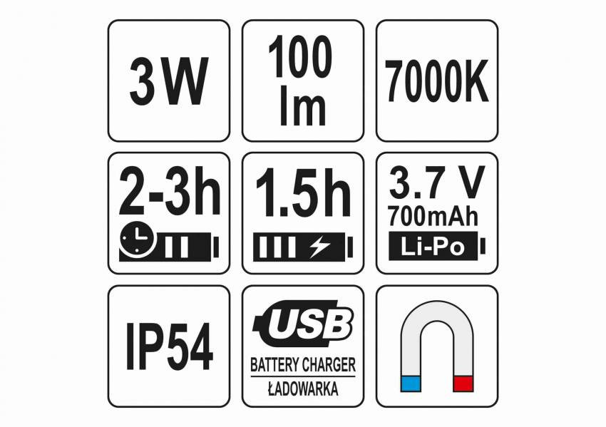 Лампа світлодіодна YATO : 3.7 В Li-Po 1.5 Агод, 3 Вт, 100 lm, гнучкий тримач з магнітом-YT-08516