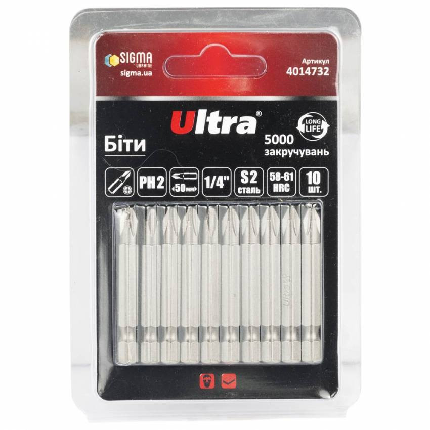 Біти PH2×50мм ¼" 10шт S2 (блістер) ULTRA (4014732)-4014732