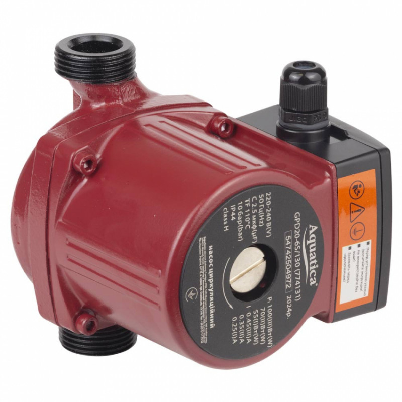 Насос циркуляційний 100Вт Hmax 6м Qmax 75л/хв Ø1" 130мм гайки Ø¾" AQUATICA (774131)-774131