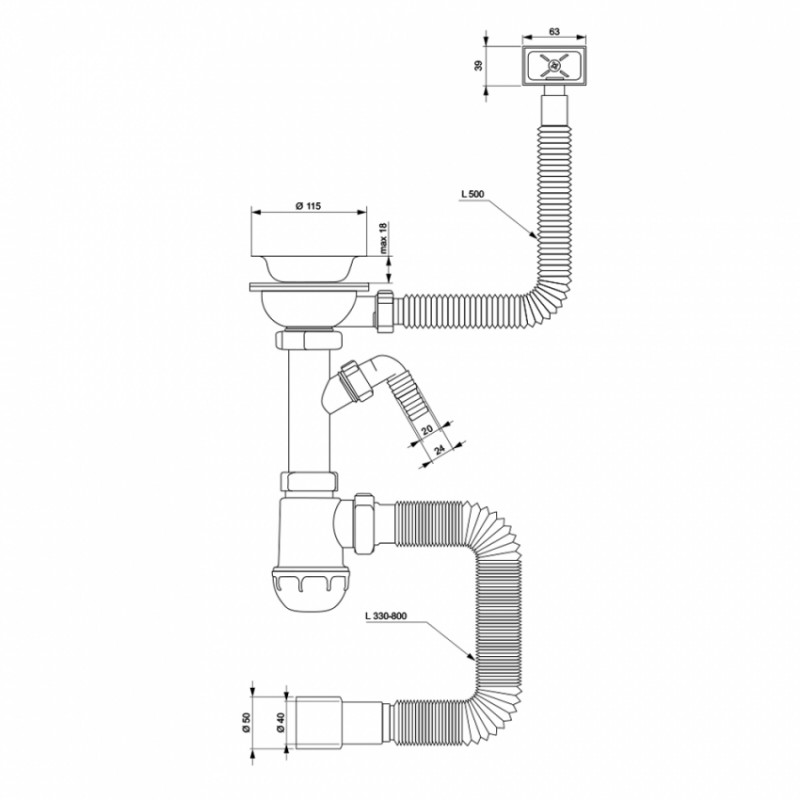 Сифон для кухонної мийки з пластиковим випуском 3½" виводом під пральну машину, квадратним переливом і гнучким відведенням Ø40/50мм (білий) TAU (9842823)-9842823