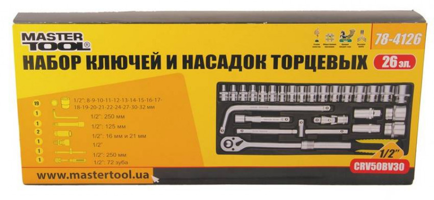 Набір насадок торцевих MASTERTOOL PROFI CrV 1/2" 8-32 мм тріскачка що подовжується 72Т 26 шт металевий кейс 78-4126-78-4126