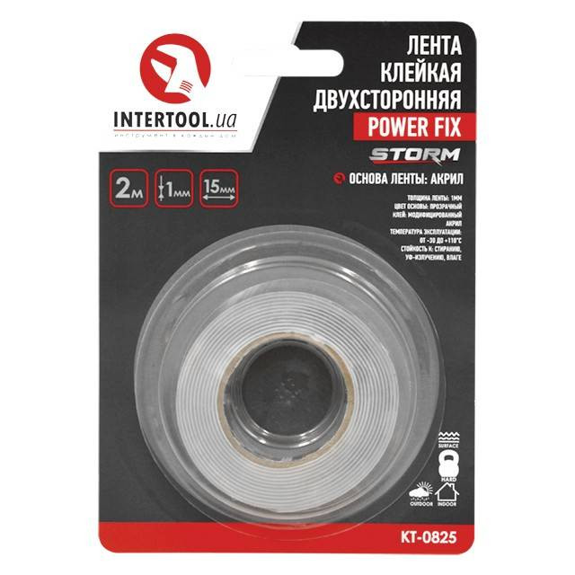 Стрічка клейка двостороння "POWER FIX", 2 м, 15×1 мм, прозора, акрил, STORM INTERTOOL KT-0825-KT-0825
