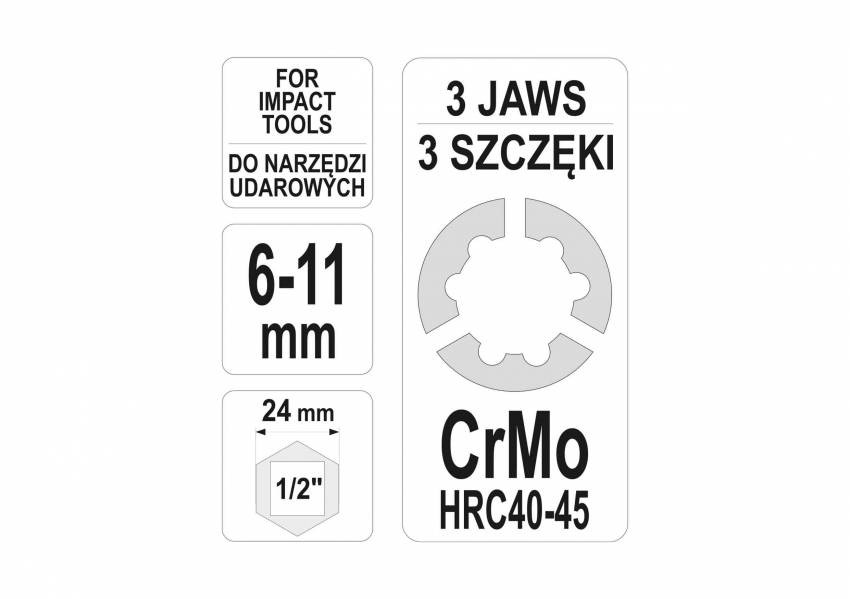 Шпилькокрут ударний цанговий YATO : 1/2" або ключа М24, та шпильок Ø= 6 -11 мм, Cr-Mo-YT-06256