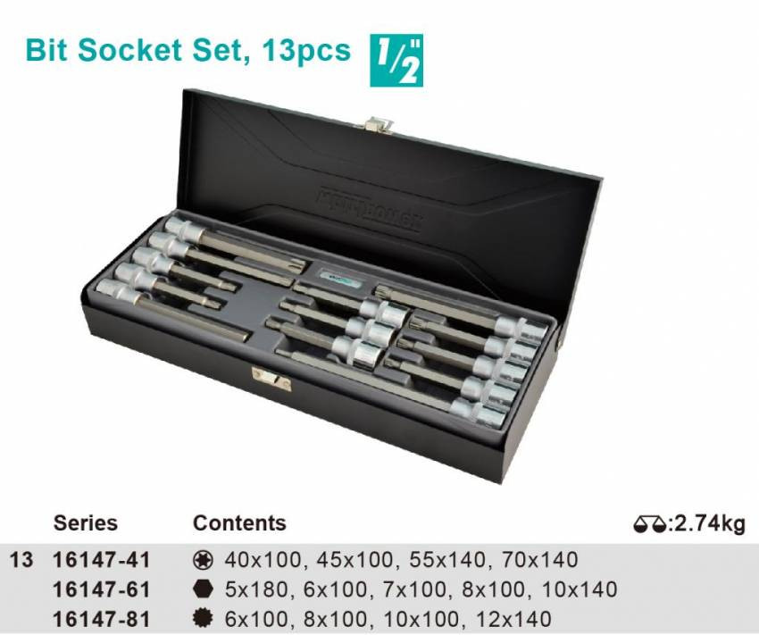 Набір головок зі вставками  Hex, Torx, Ribe 13од. 1/2"  мет.кейс-1614-SK52