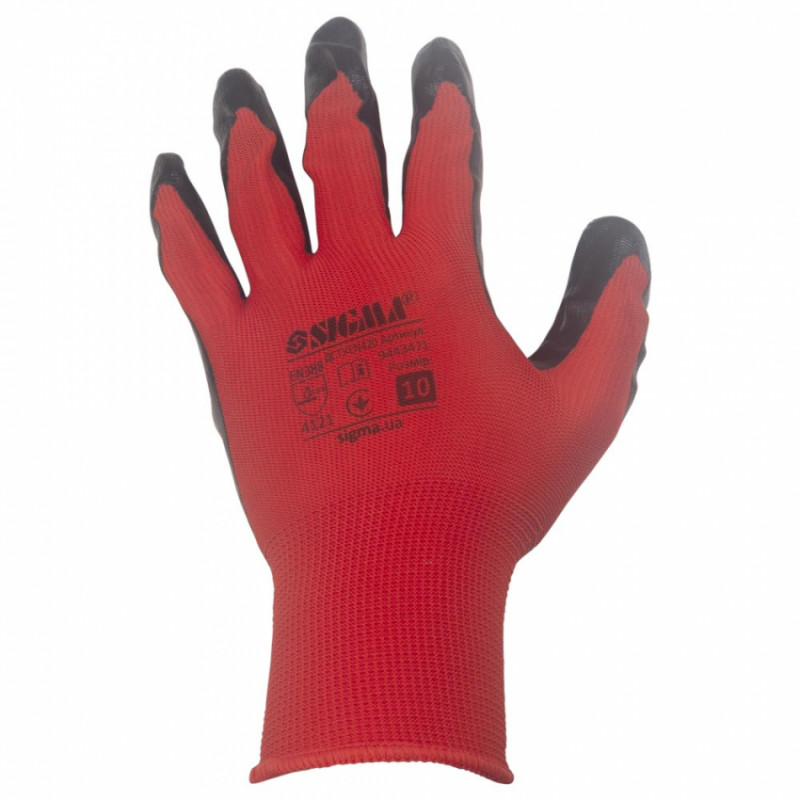 Рукавички трикотажні з частковим нітриловим покриттям р10 (червоно-чорні манжет) КРАТНО 12 парам SIGMA (9443471)-9443471