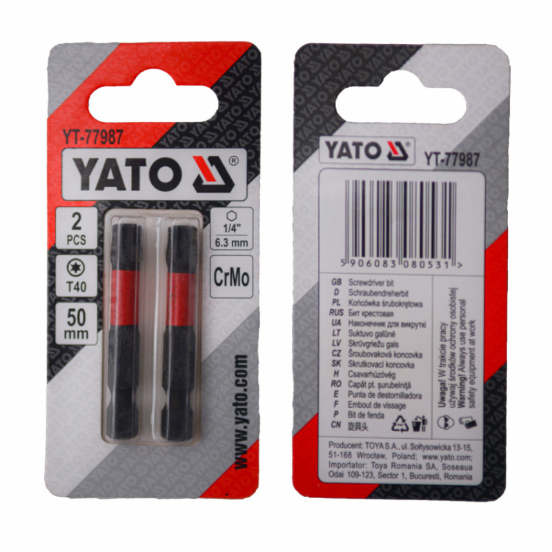 Насадка викруткова YATO TORX T40 х 50 мм. HEX 1/4", хром-молібден, 2 шт.-YT-77987