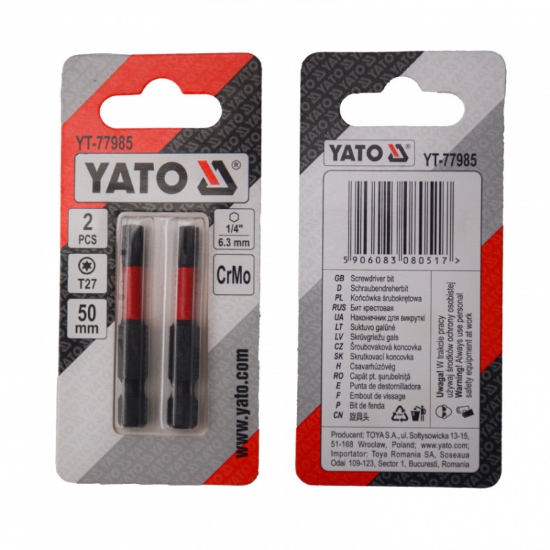 Насадка викруткова YATO TORX T27 х 50 мм. HEX 1/4", хром-молібден, 2 шт.-YT-77985