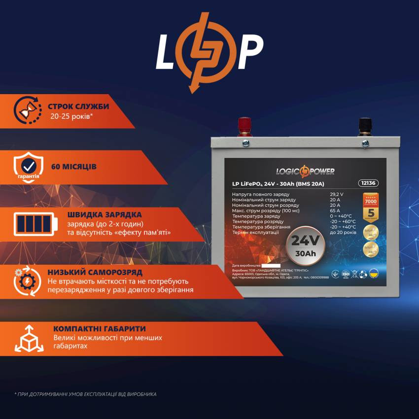 Акумулятор LP LiFePO4 24V - 30 Ah (BMS 20A) металл-