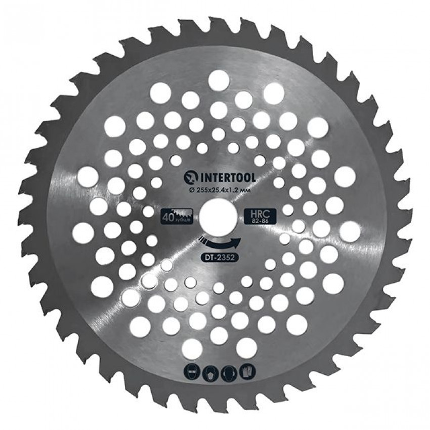 Ніж для мотокоси/тримера з твердосплавними напайками ø255x25.4x1.2 мм 40T, HRC 82-86, хвилеподібний INTERTOOL DT-2352-DT-2352