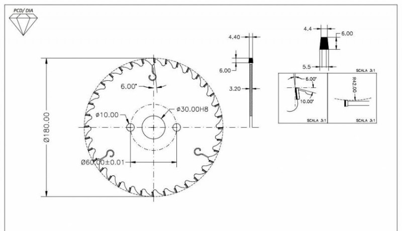 DSB.Підрізна пила D=180 F= 30 Z= 36 K=4,4/5,5 P=3,2 H=6 PH: 2/10/60-DSB.180030036.006