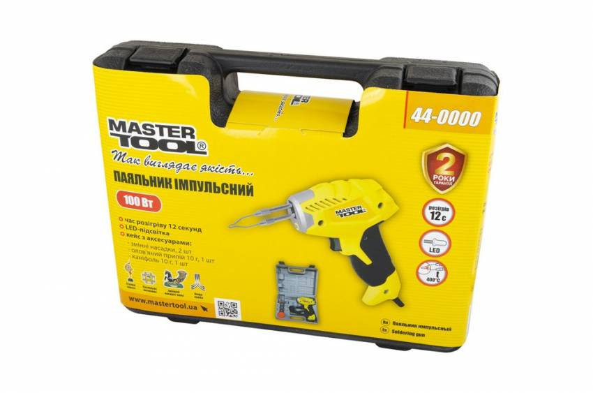 Паяльник імпульсний MASTERTOOL з трансформатором 100 Вт в кейсі з насадками 44-0000-44-0000