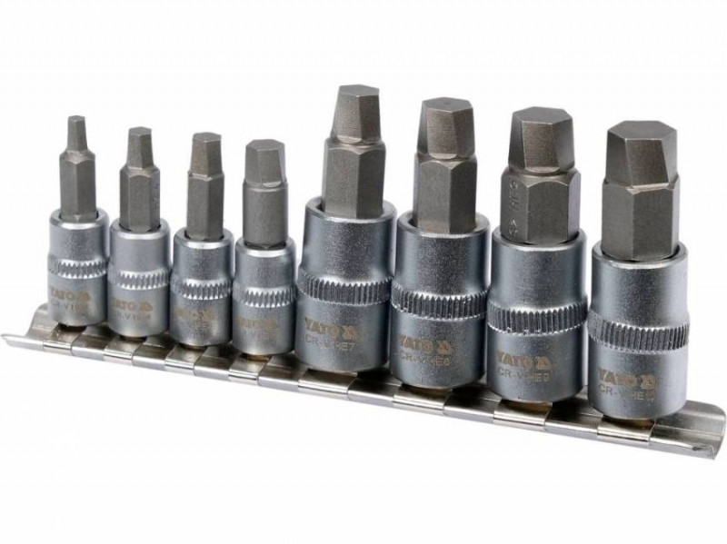 Головки торцеві з насад HEX спіральні для видалення зірв гвинтів YATO: до квадр. 1/4" і 3/8", 8 шт-YT-04580