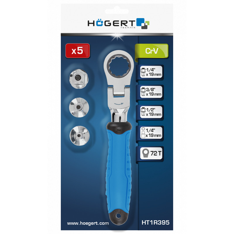Ключ з трищіткою та шарніром, зі змінними адаптерами HOEGERT 19 HT1R395-HT1R395