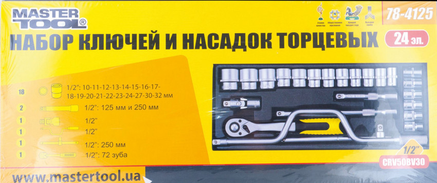 Набір насадок торцевих MASTERTOOL PROFI CrV 1/2" 10-32 мм тріскачка 72Т 24 шт металевий кейс гнутий вороток 78-4125-78-4125