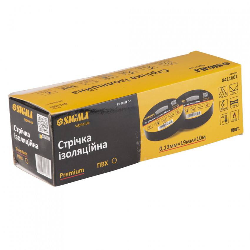 Ізолента ПВХ (чорна) 0,13 мм×19 мм×10 м Premium Sigma (8411601)-8411601