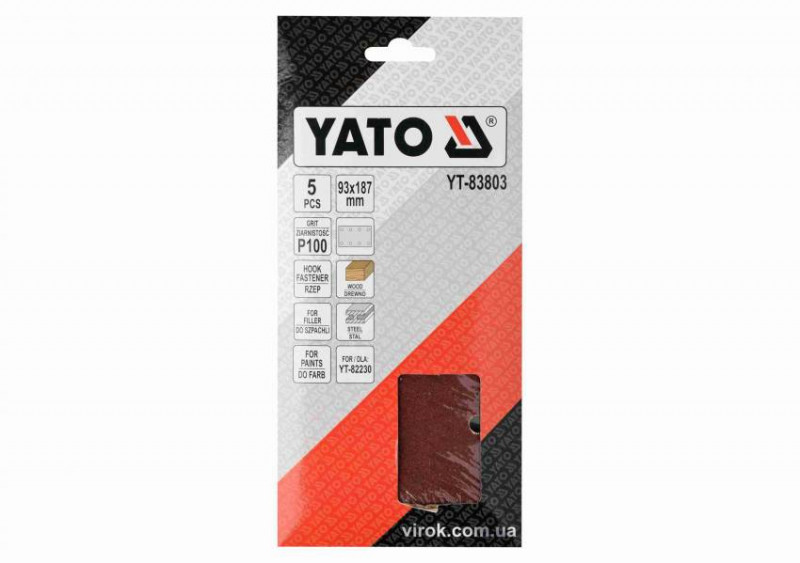 Папір шліфувальний з липучкою YATO: 93 х 187 мм, Р100, до YT-82230, 5 шт-YT-83803