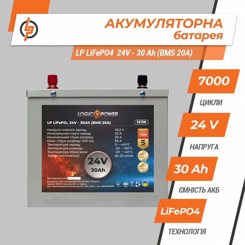 Акумулятор LP LiFePO4 24V - 30 Ah (BMS 20A) металл-