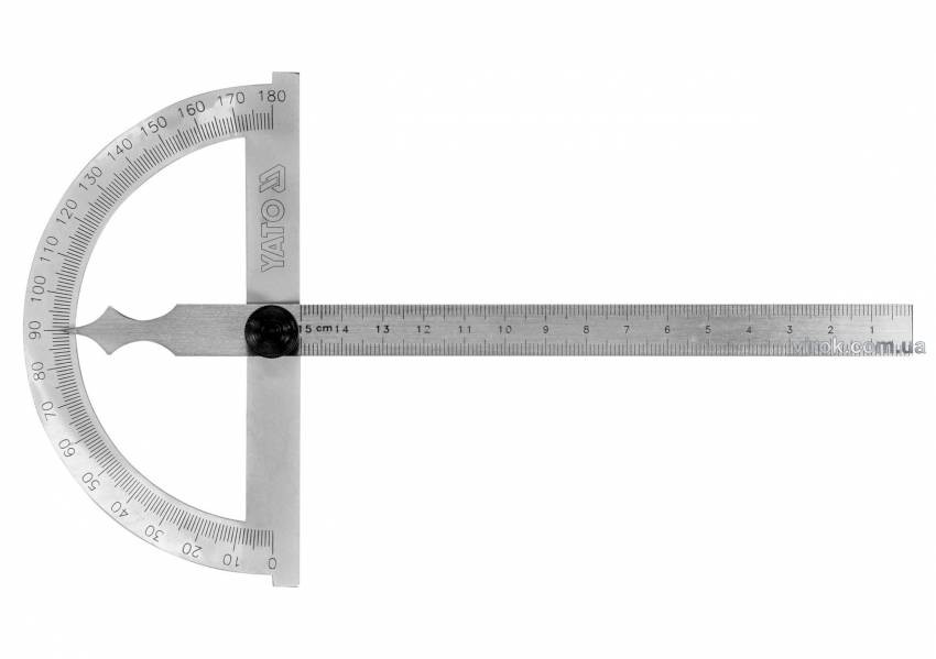 Кутомір- транспортир з лінійкою YATO; 120 х 150 мм, діапазони: кут- 0-180°, відстань- 0-150 мм-YT-72140