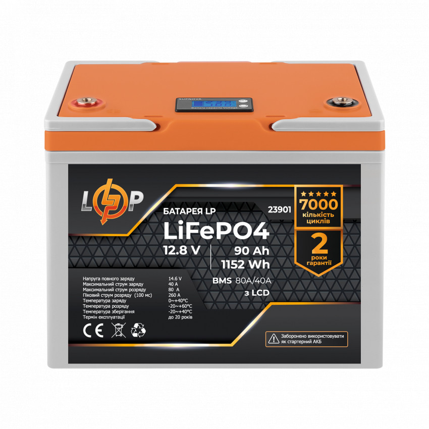 Акумулятор LP LiFePO4 12,8V - 90 Ah (1152Wh) (BMS 80A/40А) пластик LCD-