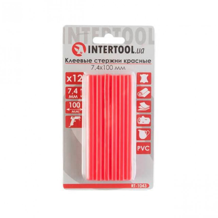 Комплект клейових стрижнів червоних, 7,4×100 мм, 12 шт. INTERTOOL RT-1043-RT-1043