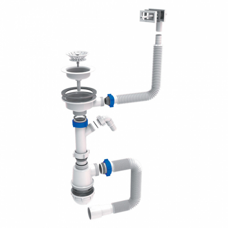 Сифон для кухонної мийки з пластиковим випуском 3½" виводом під пральну машину, квадратним переливом і гнучким відведенням Ø40/50мм (білий) TAU (9842823)-9842823