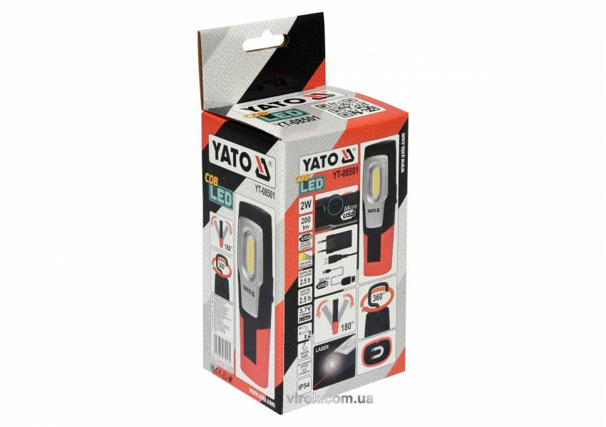 Ліхтар світлодіодний COB LED акумул. YATO Li-Ion 3.7 В, 1.1 АГод, 2 Вт, 200 лм, з підвісною петлею-YT-08501