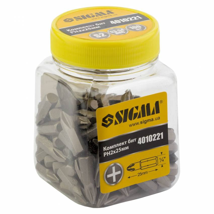 Набір біт PН2x25мм 1/4" 100шт. S2 (банку) Sigma (4010221)-4010221