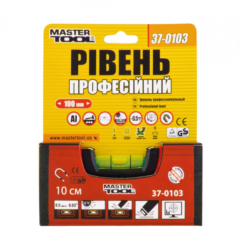 MasterTool Рівень 10 см, 1 капсула, 0,5 мм/1м, з магнітом, Арт.: 37-0103-37-0103