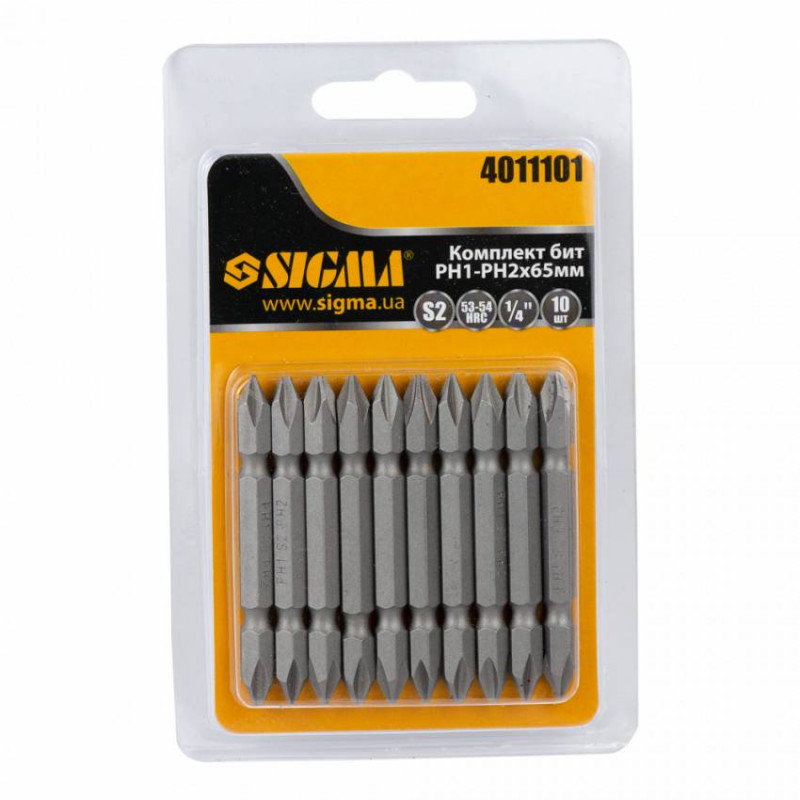 Набір біт двосторонніх PН1-PН2x65мм 1/4" 10шт S2 (блістер) Sigma (4011101)-4011101