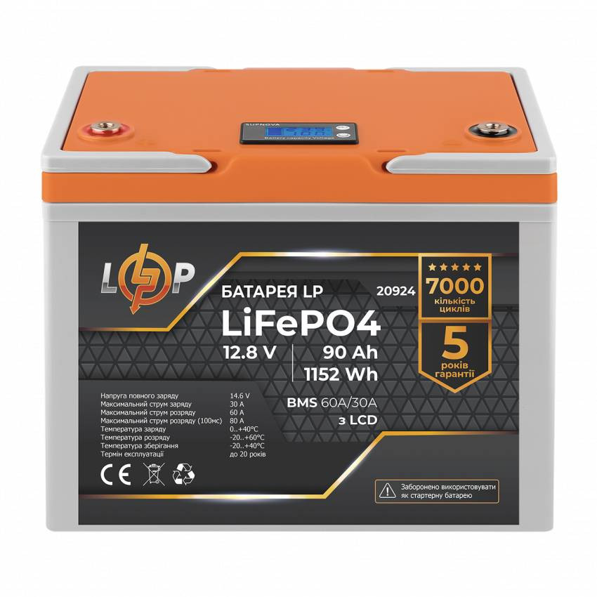 Акумулятор LP LiFePO4 LCD 12V (12,8V) - 90 Ah (1152Wh) (Smart BMS 60A/30А) пластик-