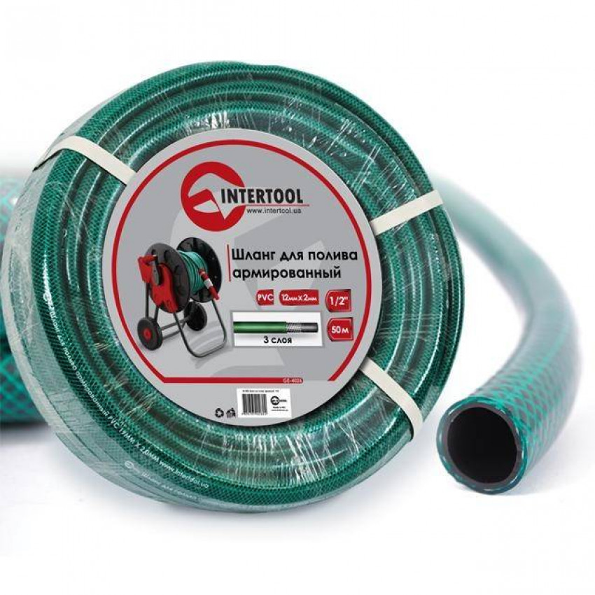 Шланг садовий, тришаровий, зелений, 1/2", 50 м, армований, PVC INTERTOOL GE-4026-GE-4026